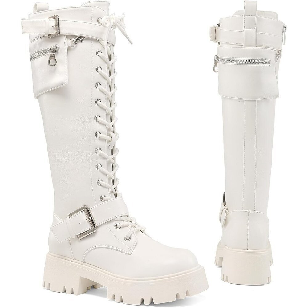 Women's Leather White Combat Platform Knee High Lace Up Boots Motorcycle Boots - Picture 5 of 9